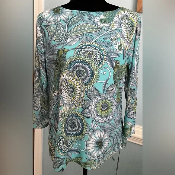 Teal Top NWOT Hummingbird Blouse Spring Floral TunicTop Floral Bird Top - Picture 3 of 14
